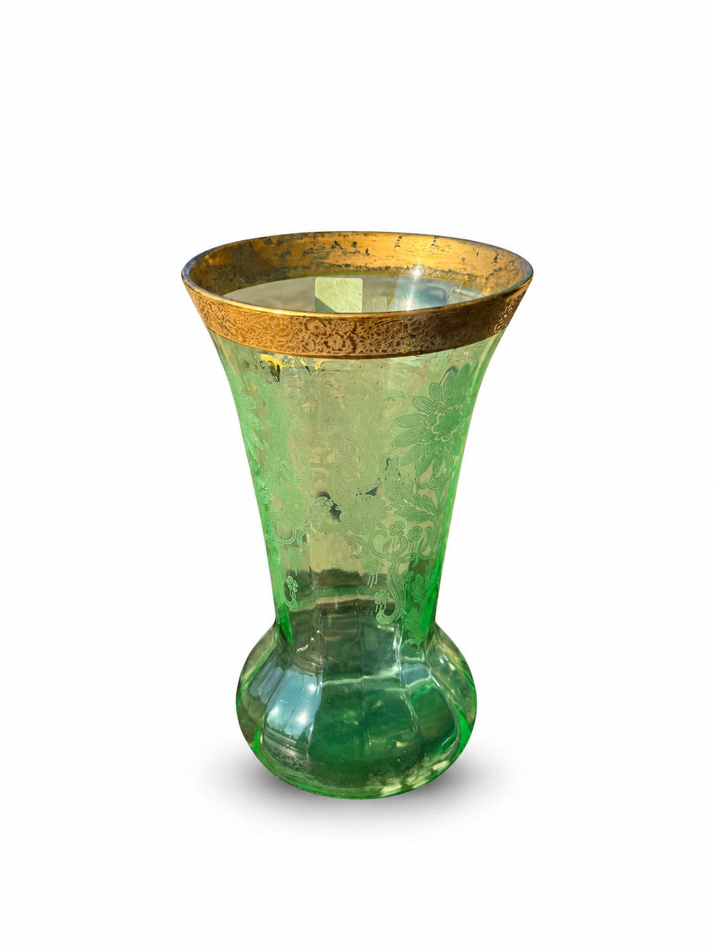 Antique French Uranium Green Glass Vase with Etched Floral Decoration & Gold Rim, c.1900