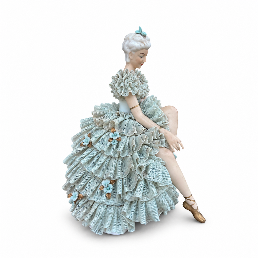 German Volkstedt Porcelain Lace Ballerina Figurine, Seated Dancer