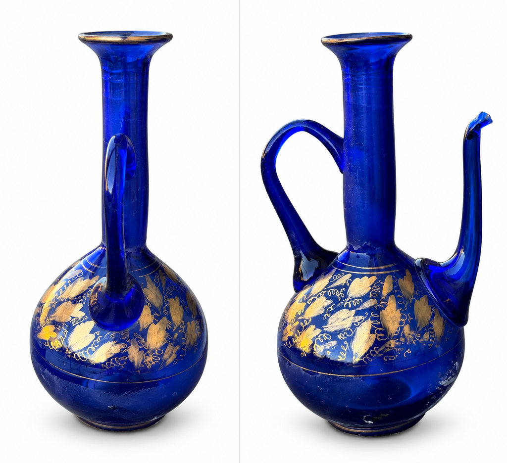 Pair of Antique Persian Cobalt Blue Glass Ewers with Gilt Decoration