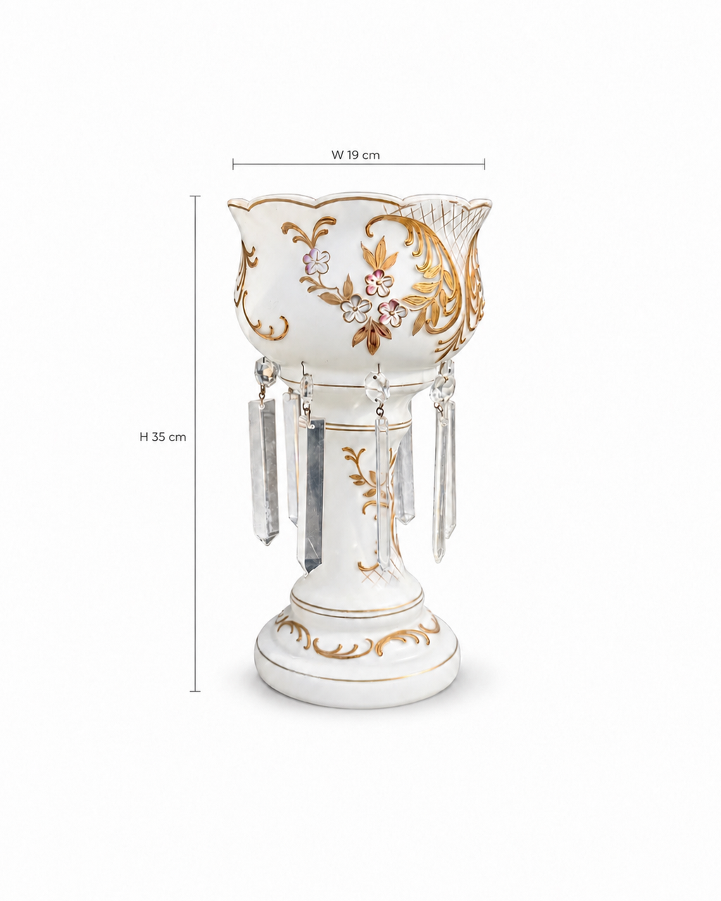 Antique Bohemian White Opaline Glass Lustre with Gilt Decoration & Crystal Prisms