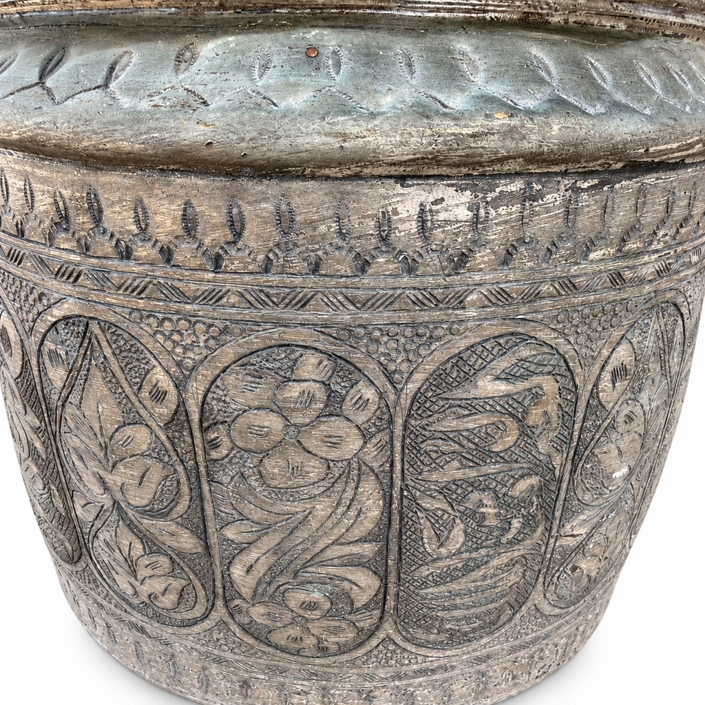 Antique Hand Engraved Tinned Copper Bucket with Decorative Handle