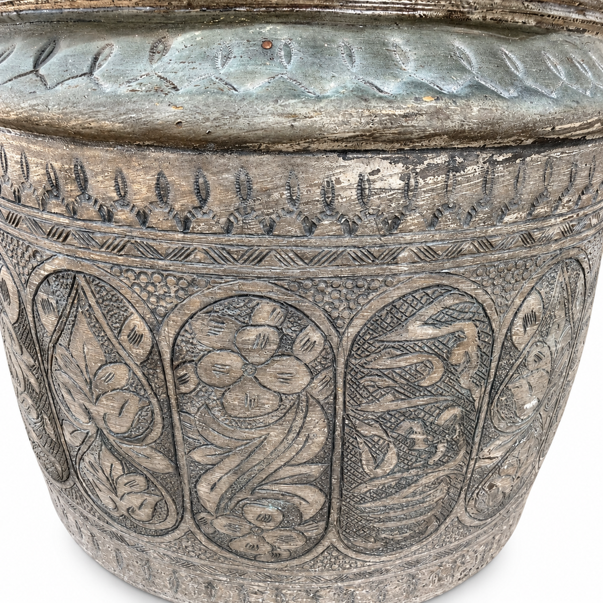 Antique Hand Engraved Tinned Copper Bucket with Decorative Handle