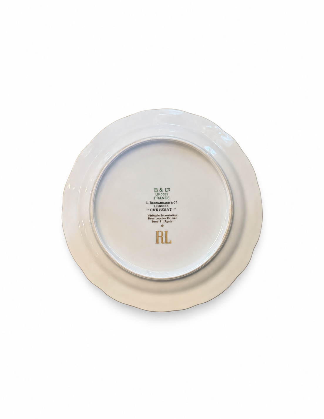 Limoges Bernardaud Cheverny Porcelain Plate,  with Cedar of Lebanon & Gilt Border. RL Monogram.