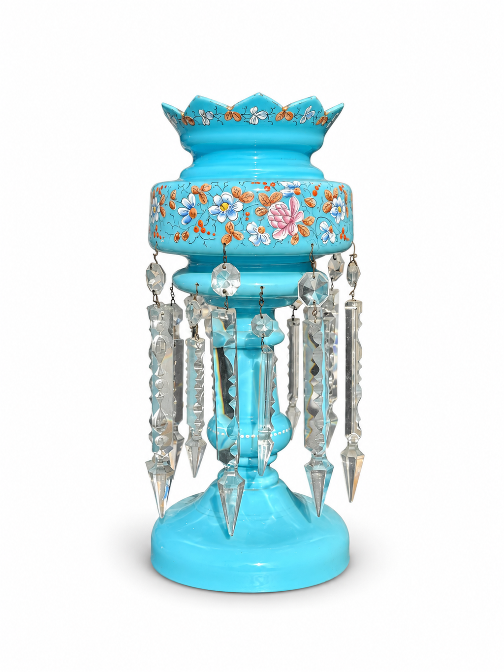 Pair of Turquoise Opaline Glass Mantle Lustres with Crystal Drops