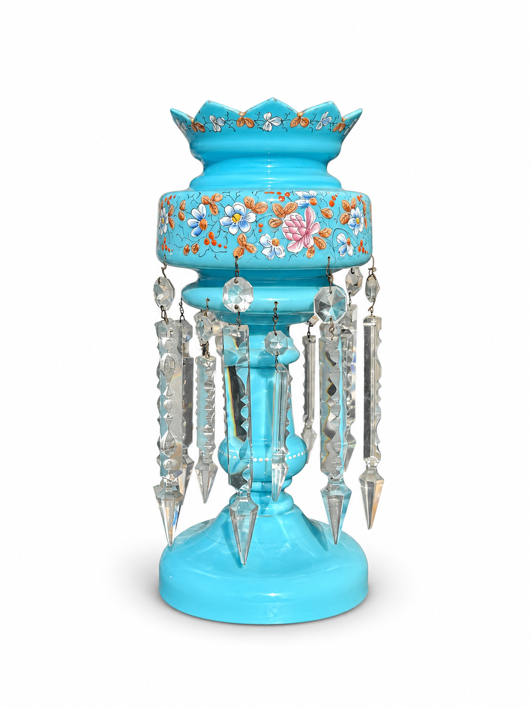 Pair of Turquoise Opaline Glass Mantle Lustres with Crystal Drops