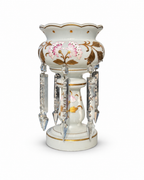 Pair of White Opaline Glass Mantle Lustres with Floral Decoration & Crystal Drops, 31 cm