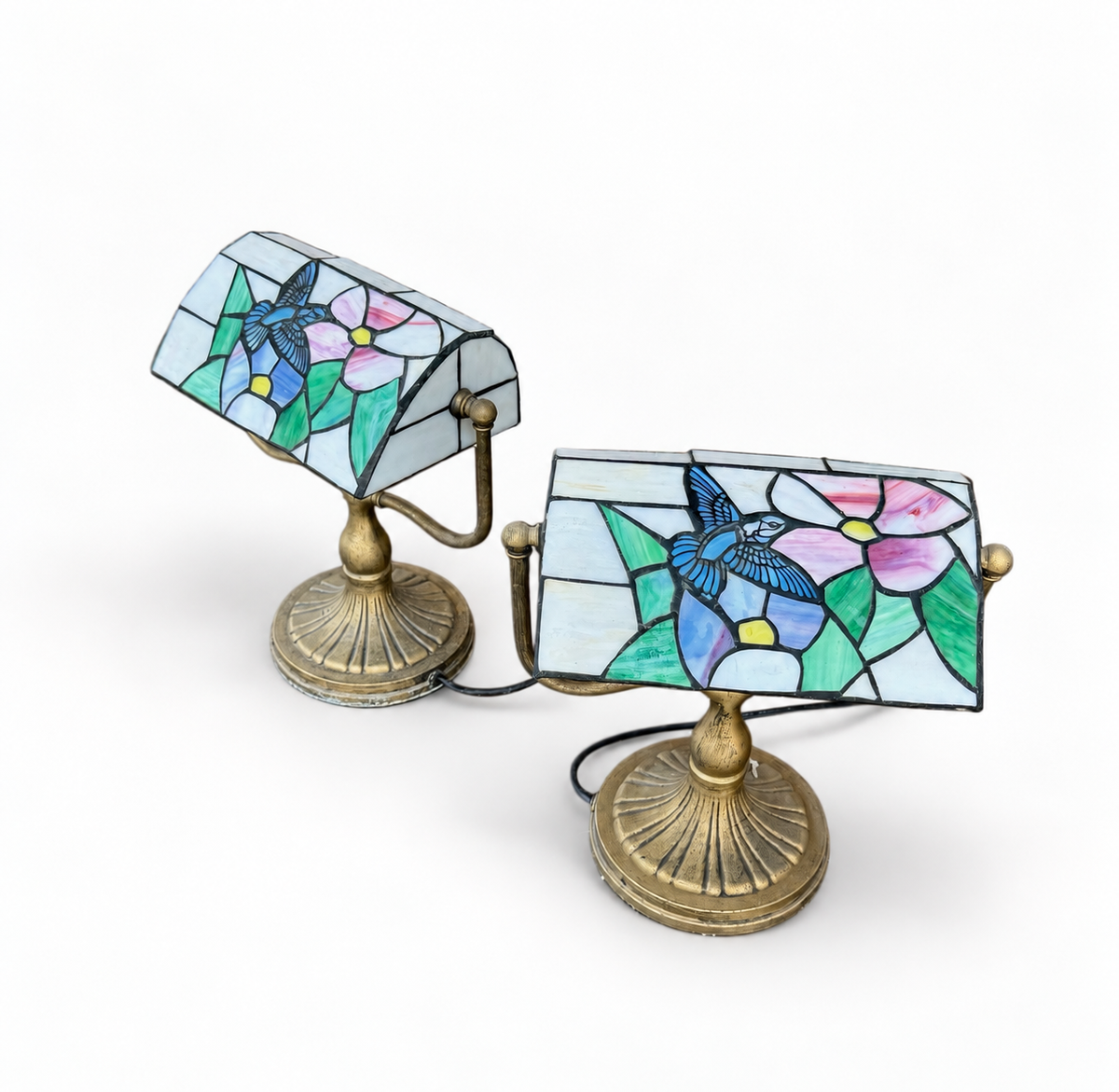 Pair of Vintage Tiffany Style Hummingbird Stained Glass Banker Lamps