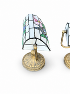 Pair of Vintage Tiffany Style Hummingbird Stained Glass Banker Lamps