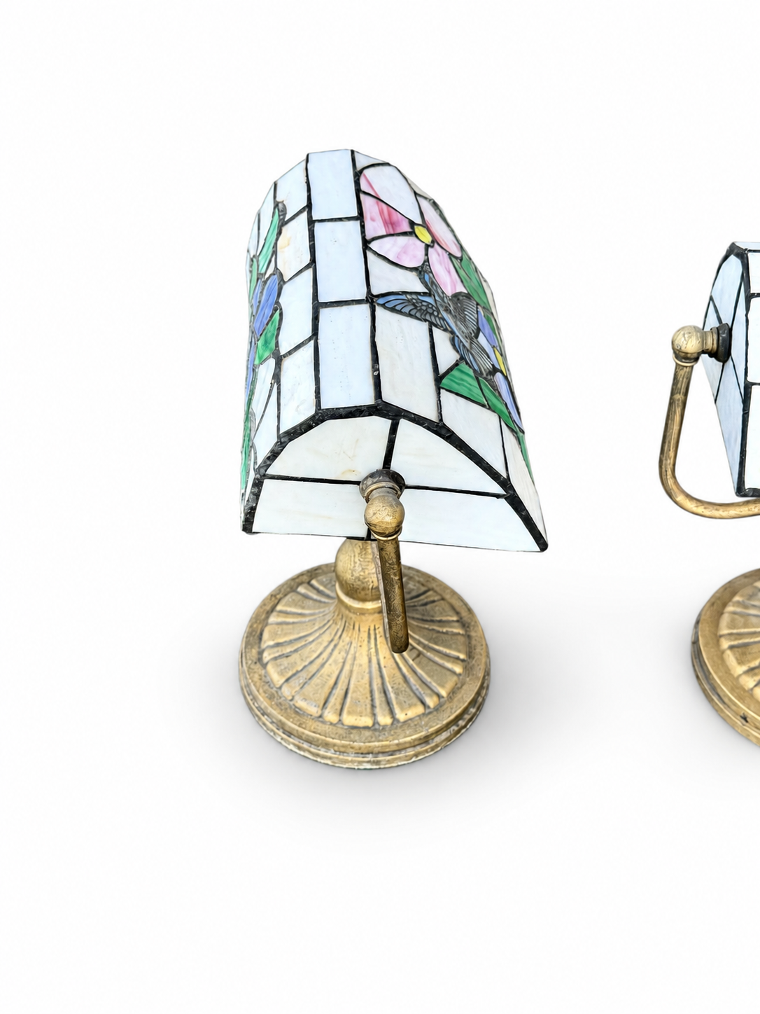 Pair of Vintage Tiffany Style Hummingbird Stained Glass Banker Lamps