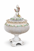 Capodimonte Porcelain Reticulated Basket with Putto Finial & Applied Flowers