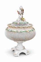 Capodimonte Porcelain Reticulated Basket with Putto Finial & Applied Flowers