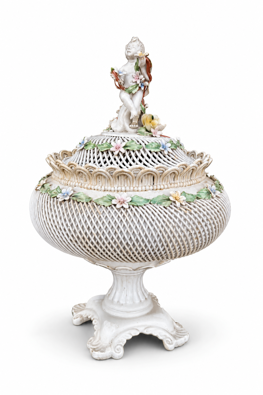 Capodimonte Porcelain Reticulated Basket with Putto Finial & Applied Flowers