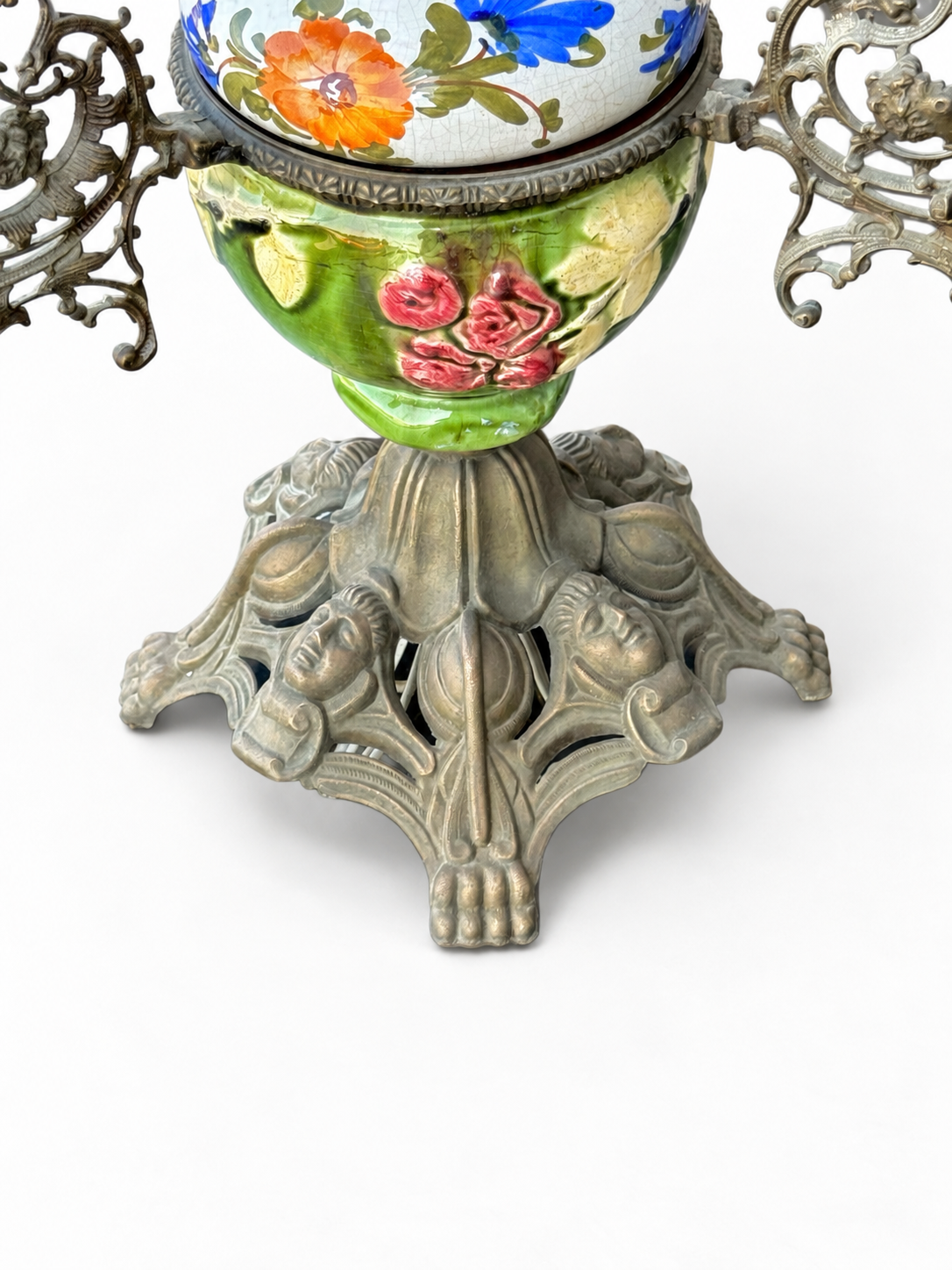 Vintage Ornate Floral Ceramic & Figural Metal Parlor Lamp Electrified. 60 cm