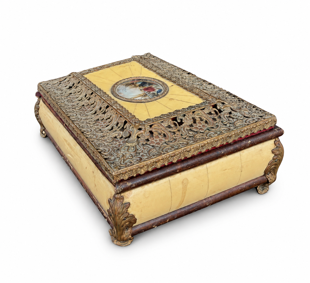 Antique Ornate Jewelry Casket with Miniature Painting & Pierced Metalwork