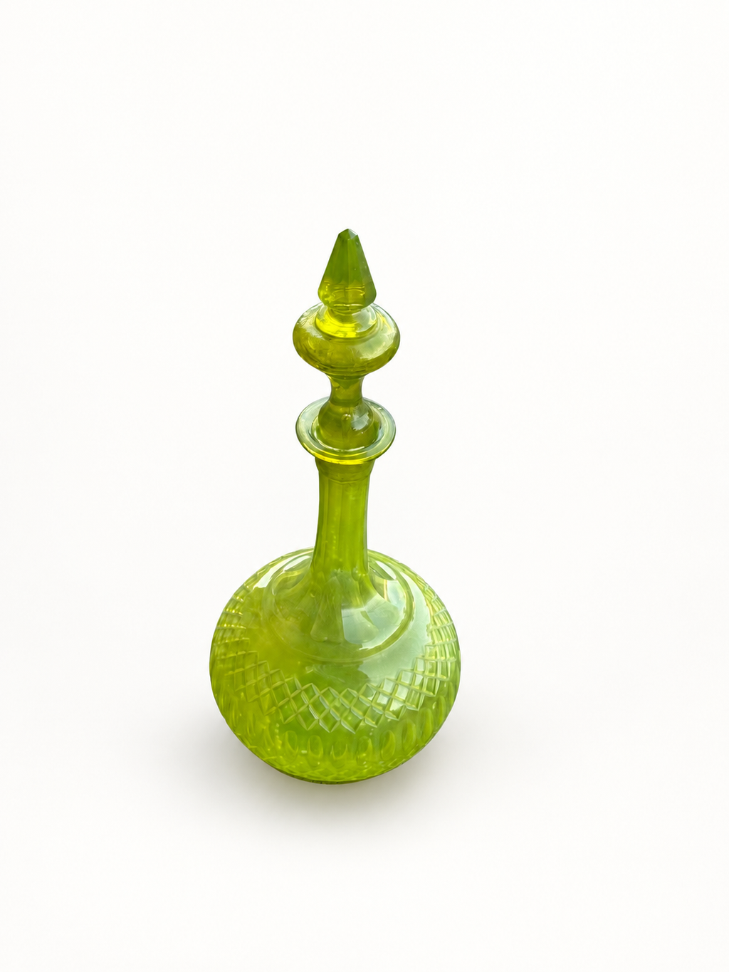 Vintage Yellow Green Glass Decanter with Matching Stopper