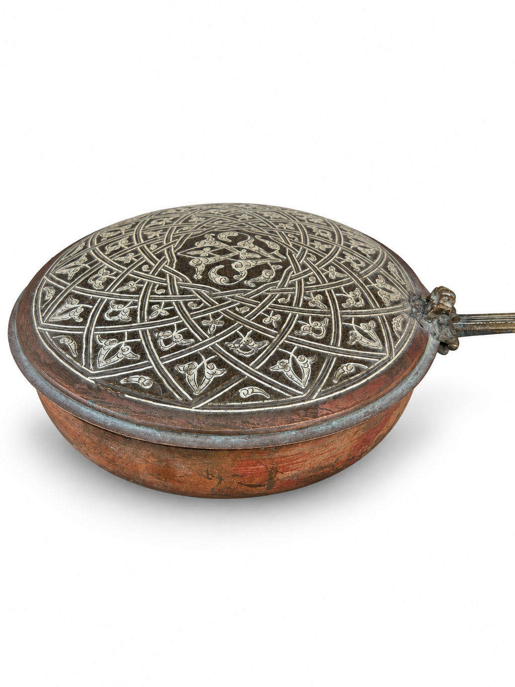 Islamic copper hand mirror side/profile view showing domed base and handle