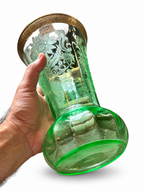 Antique French Uranium Green Glass Vase with Etched Floral Decoration & Gold Rim, c.1900