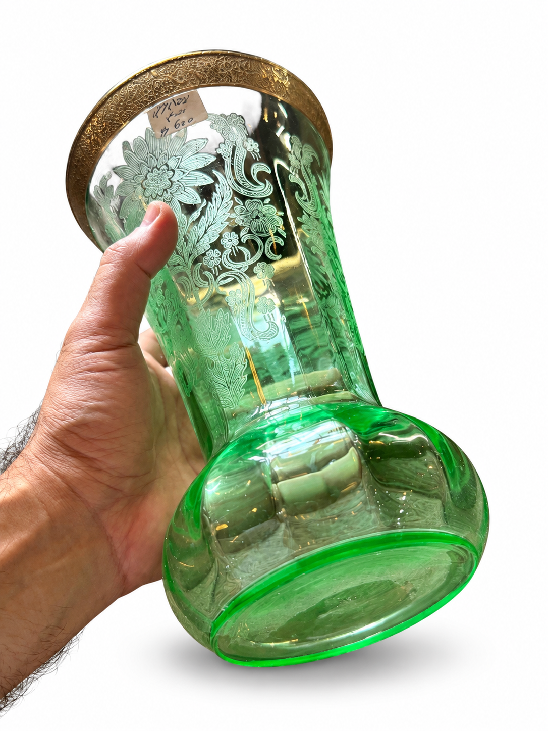 Antique French Uranium Green Glass Vase with Etched Floral Decoration & Gold Rim, c.1900