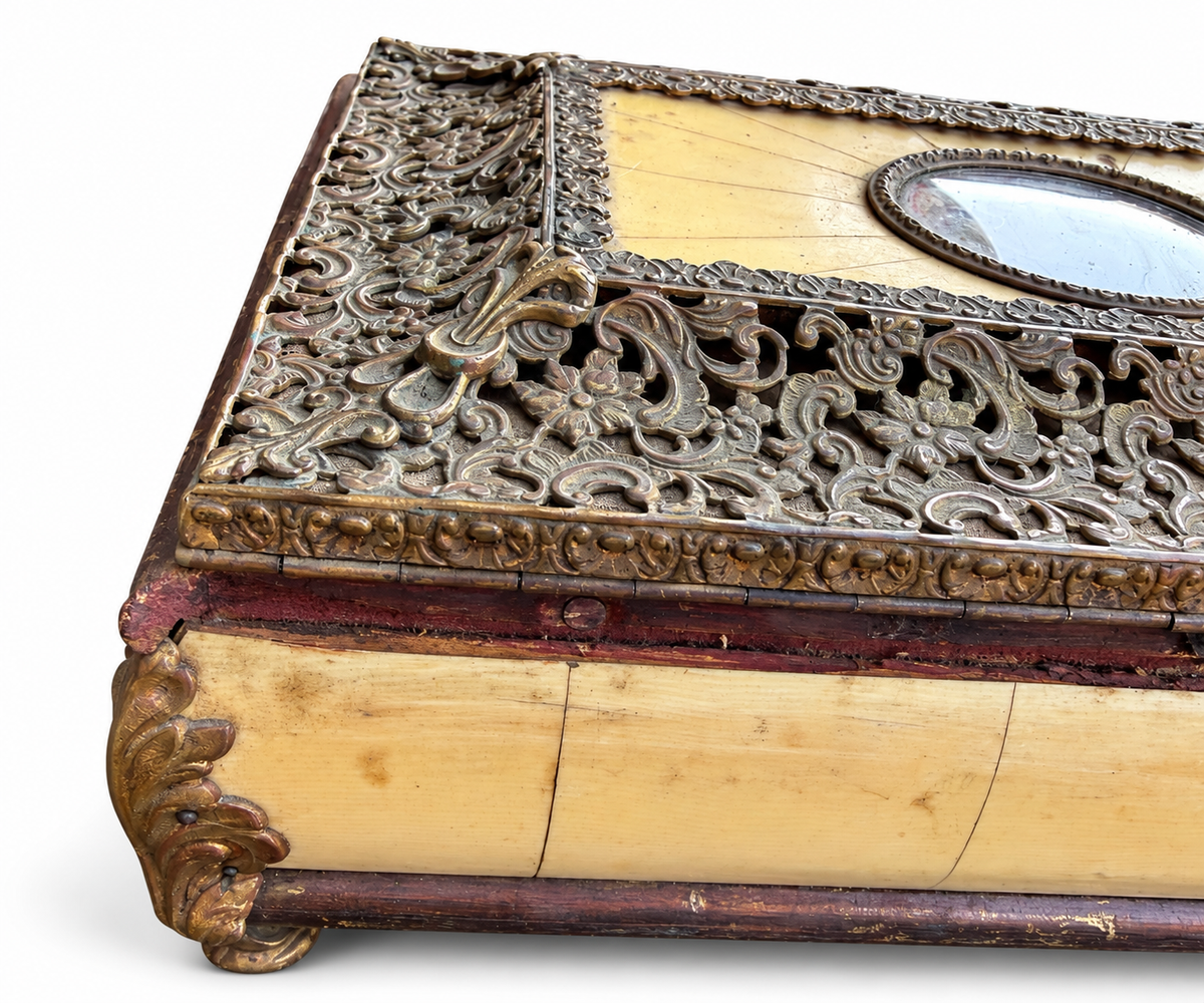 Antique Ornate Jewelry Casket with Miniature Painting & Pierced Metalwork