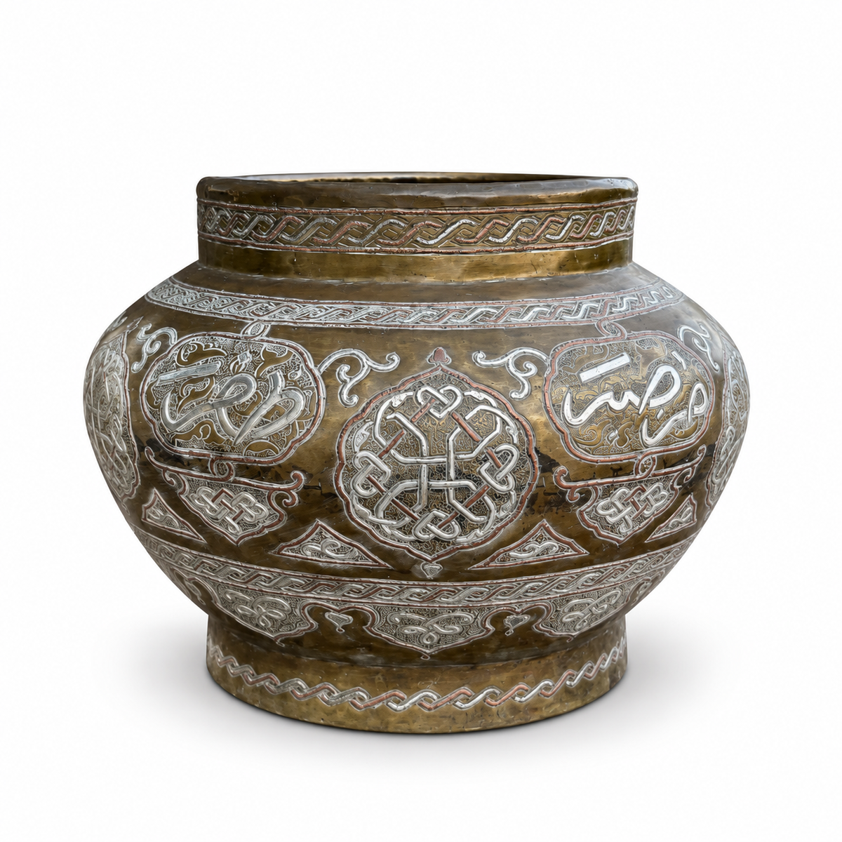 Large Mamluk Revival Silver & Copper Inlaid Brass Vessel