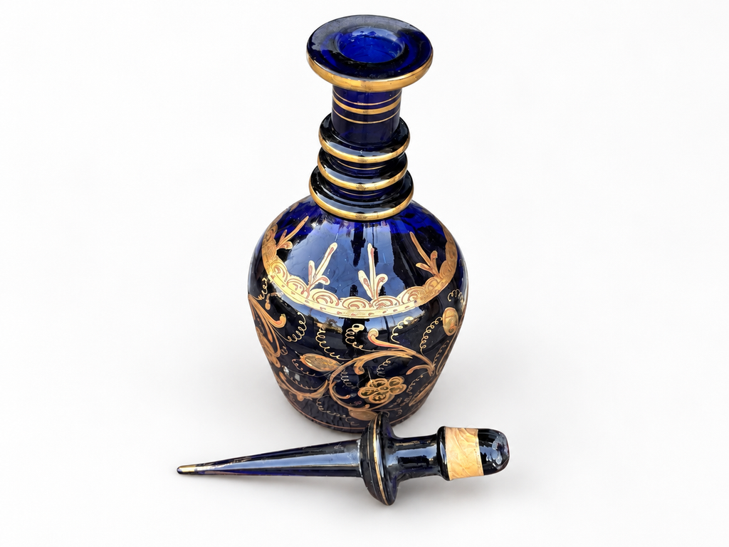 Antique Bohemian Cobalt Blue & Gilt Glass Decanter with Tall Spike Stopper