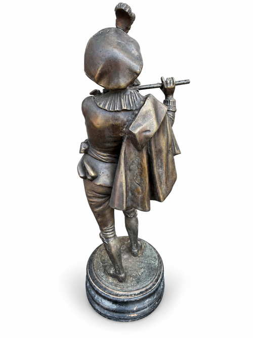19th Century Bronze Troubadour Flute Player Sculpture, Renaissance Style