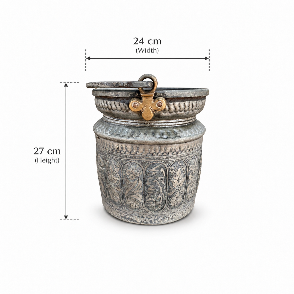 Antique Hand Engraved Tinned Copper Bucket with Decorative Handle