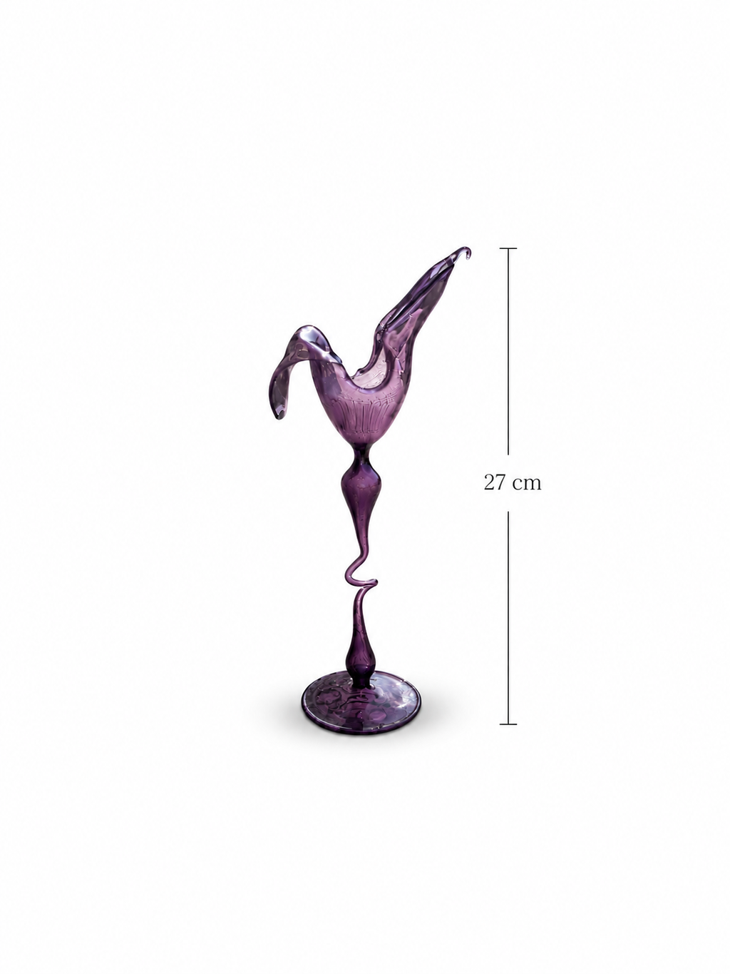 Murano Amethyst Purple Art Glass Vase with Free Form Folded Rim & Engraved Floral Decoration.