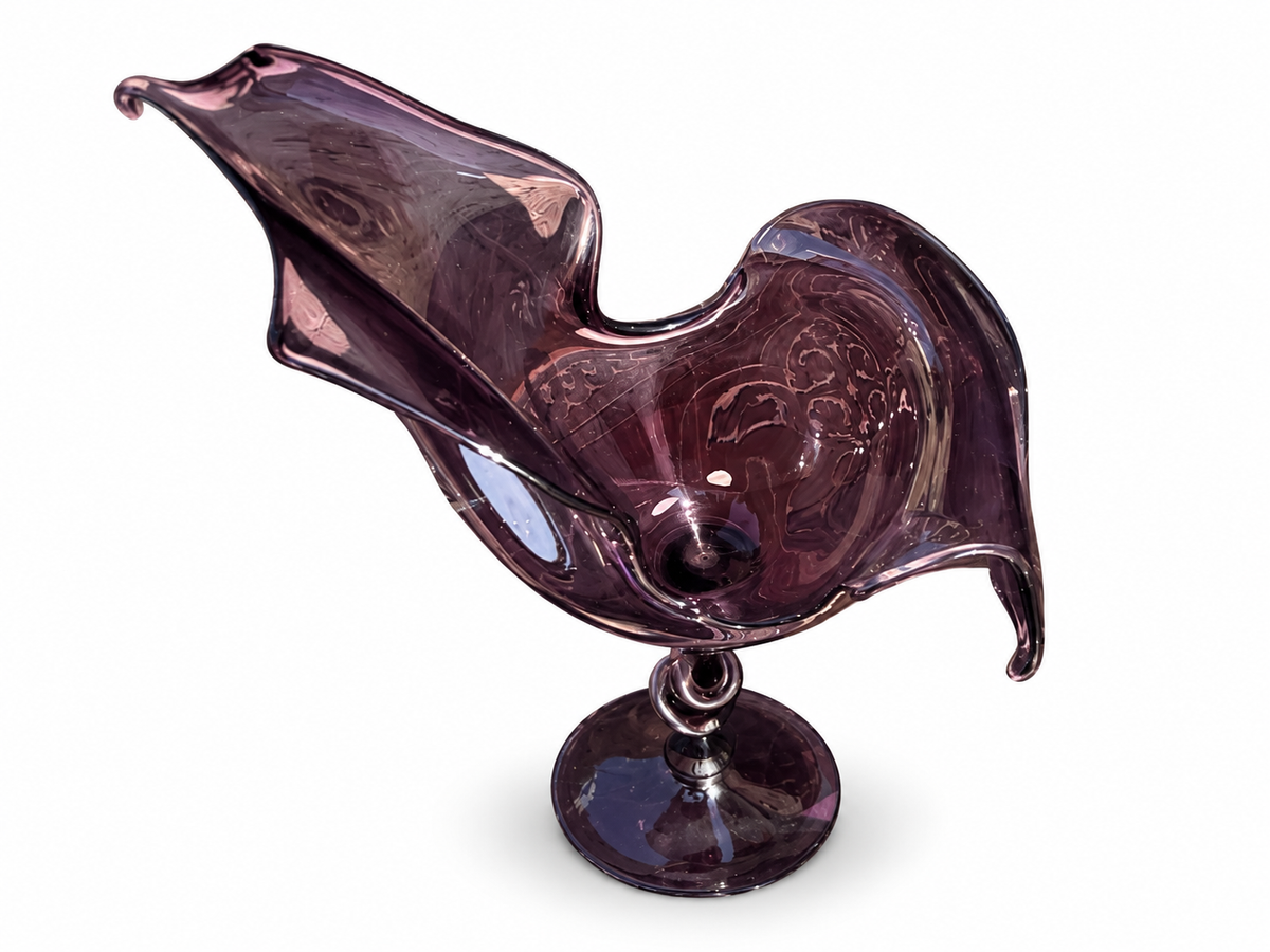 Murano Amethyst Purple Art Glass Vase with Free Form Folded Rim & Engraved Floral Decoration.