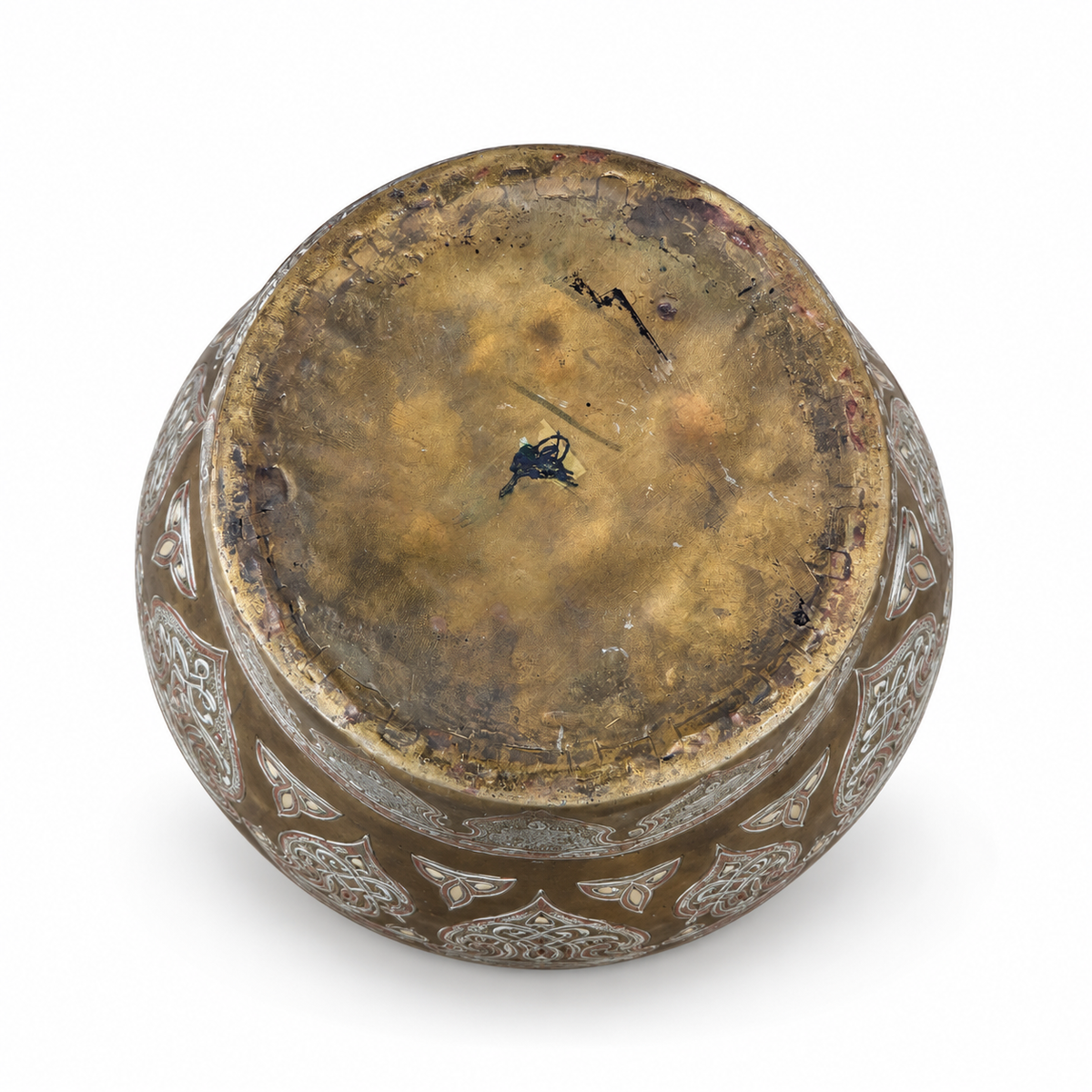 Large Mamluk Revival Silver & Copper Inlaid Brass Vessel