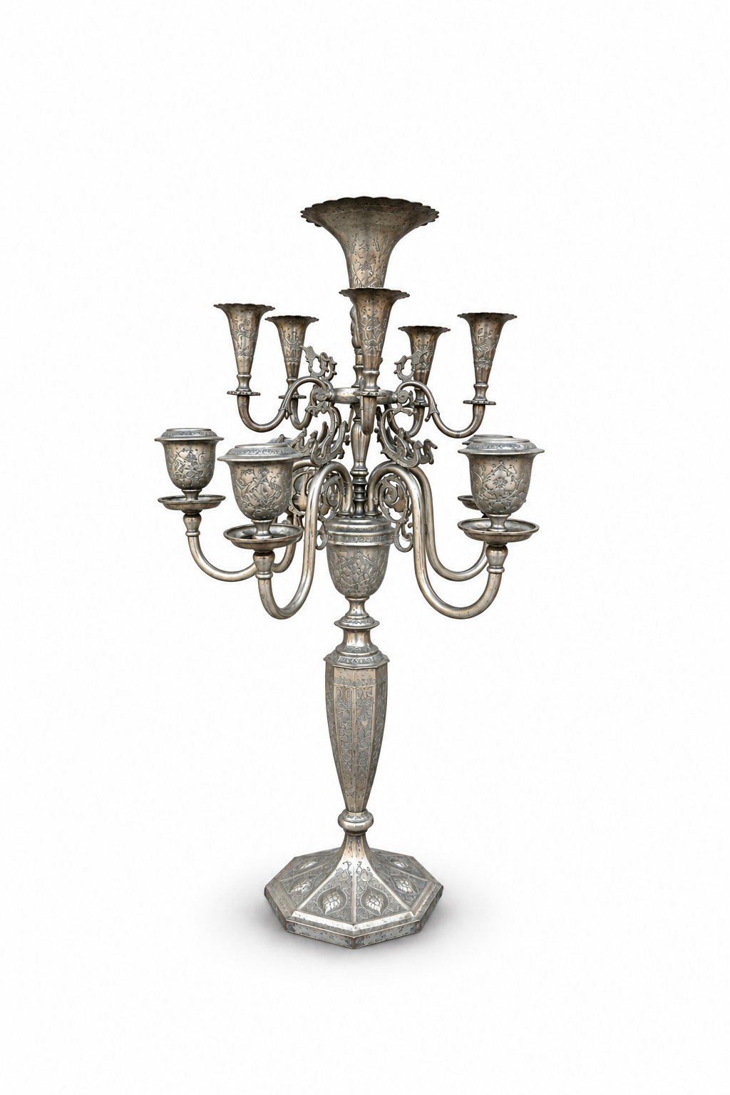 Large Persian Isfahan Hand Engraved Silver Candelabrum. 84 Standard