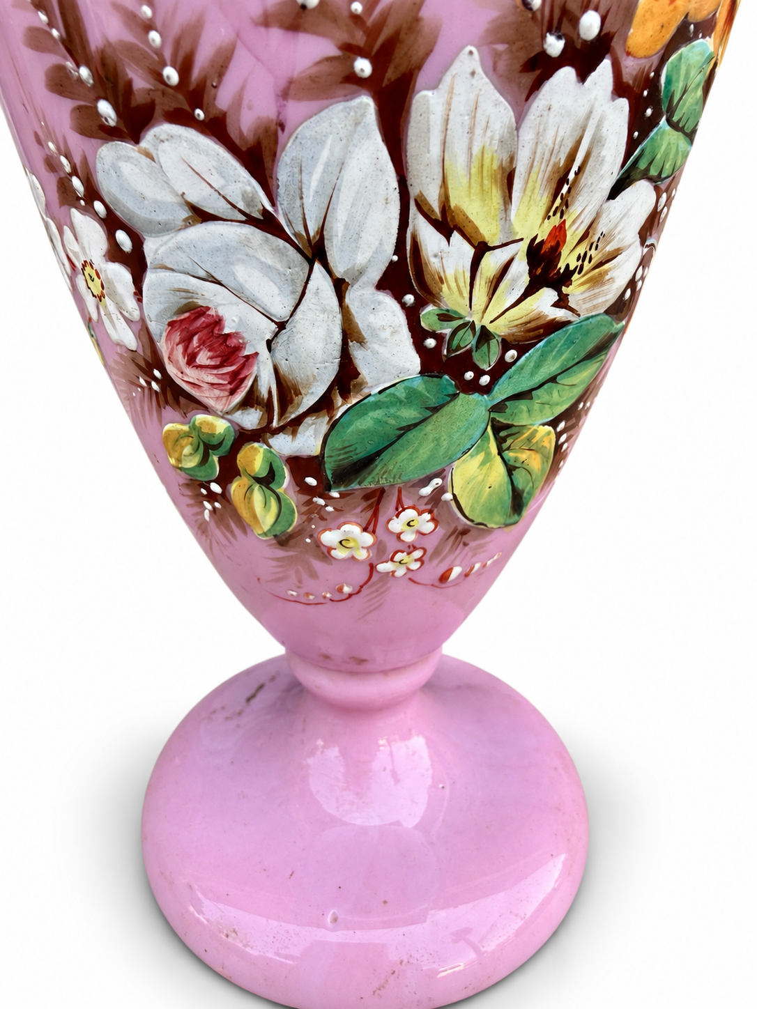 Antique Pink Opaline Glass Vase with Hand Painted Floral Decoration