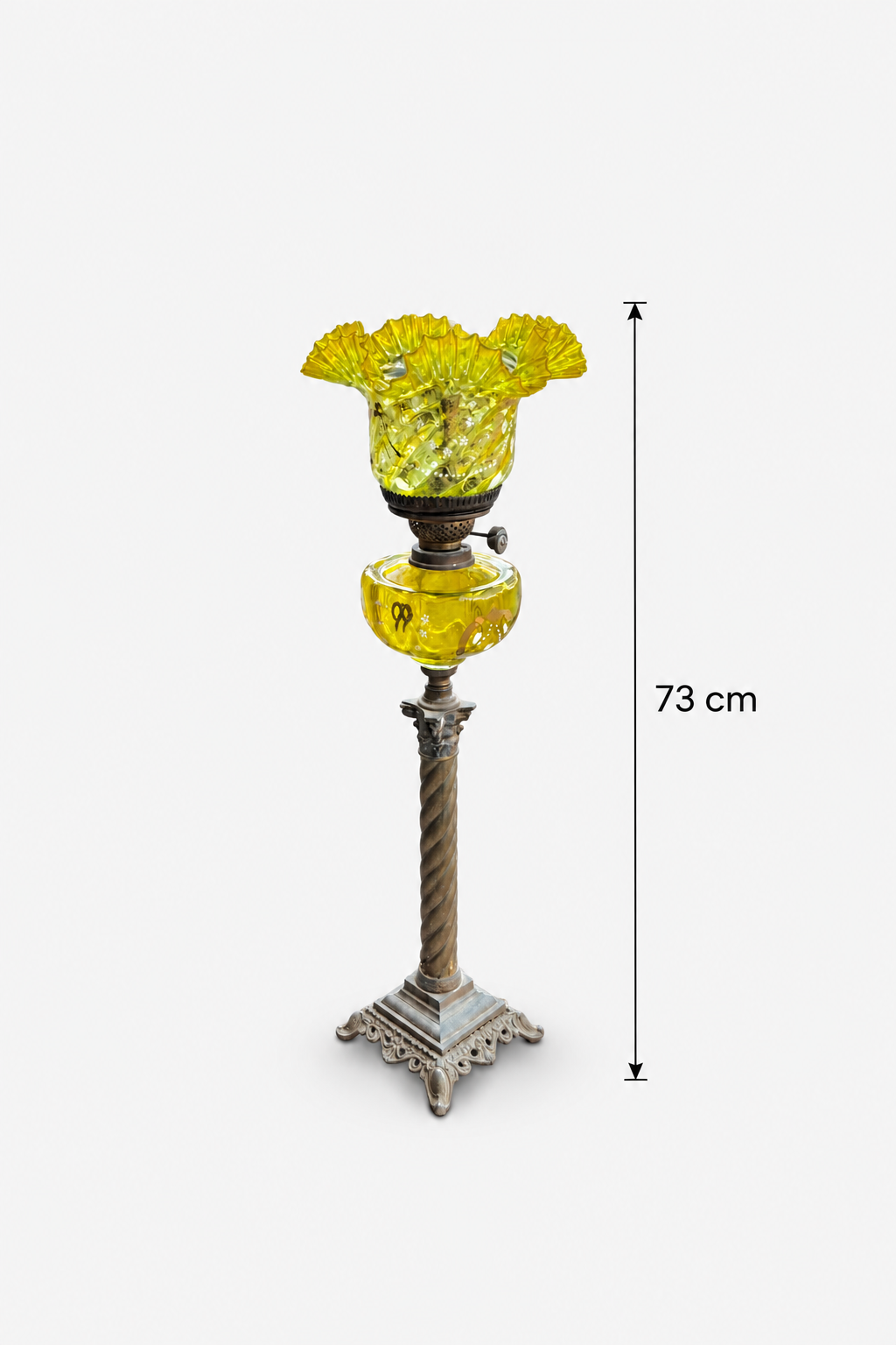 Victorian Uranium (Vaseline) Glass Oil Lamp on Corinthian Column Stand