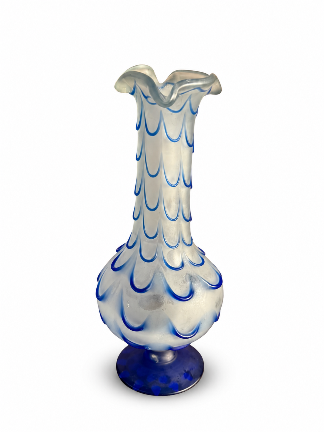 Antique French Opaline Glass Vase with Cobalt Blue Feather Trailing Decoration