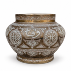 Large Mamluk Revival Silver & Copper Inlaid Brass Vessel