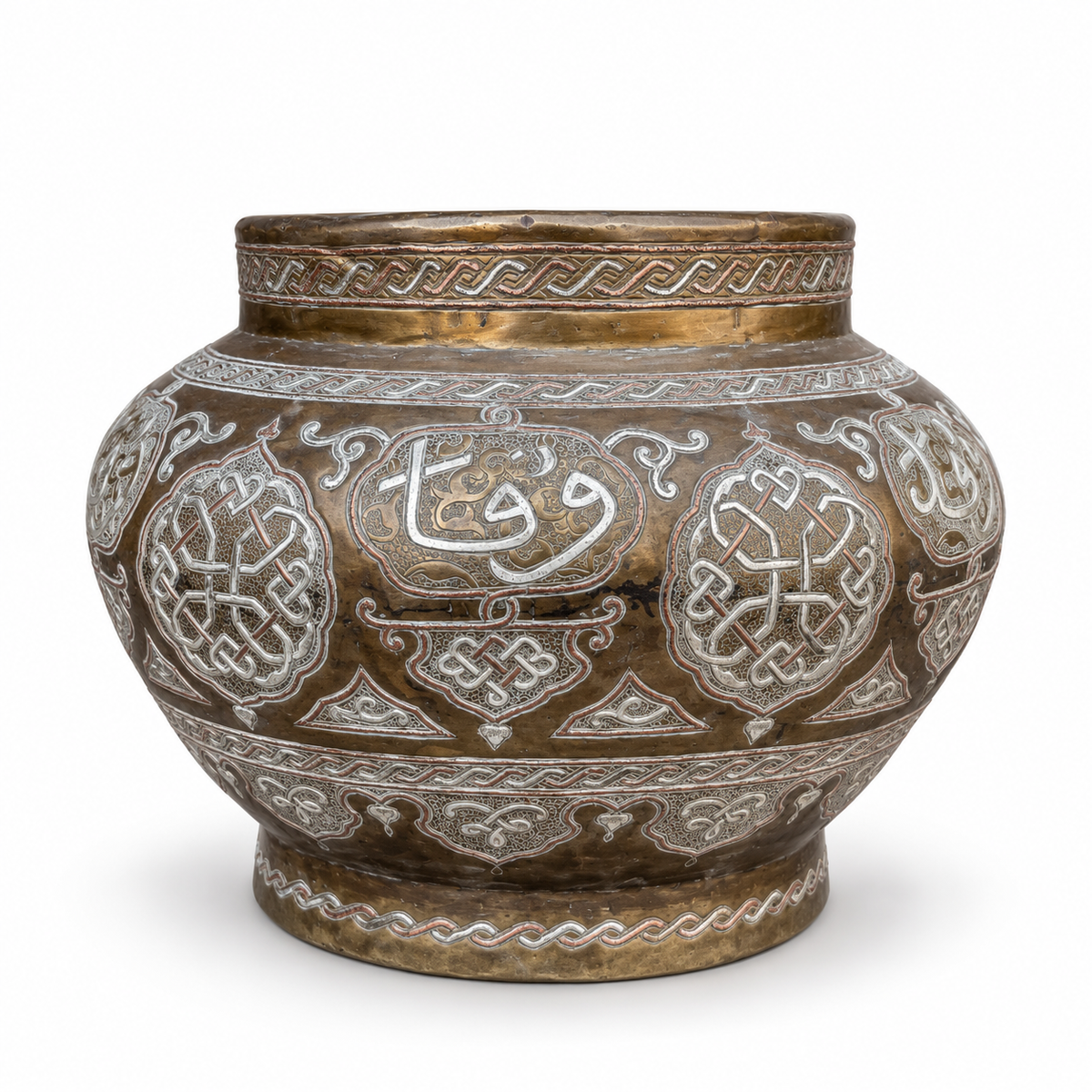 Large Mamluk Revival Silver & Copper Inlaid Brass Vessel