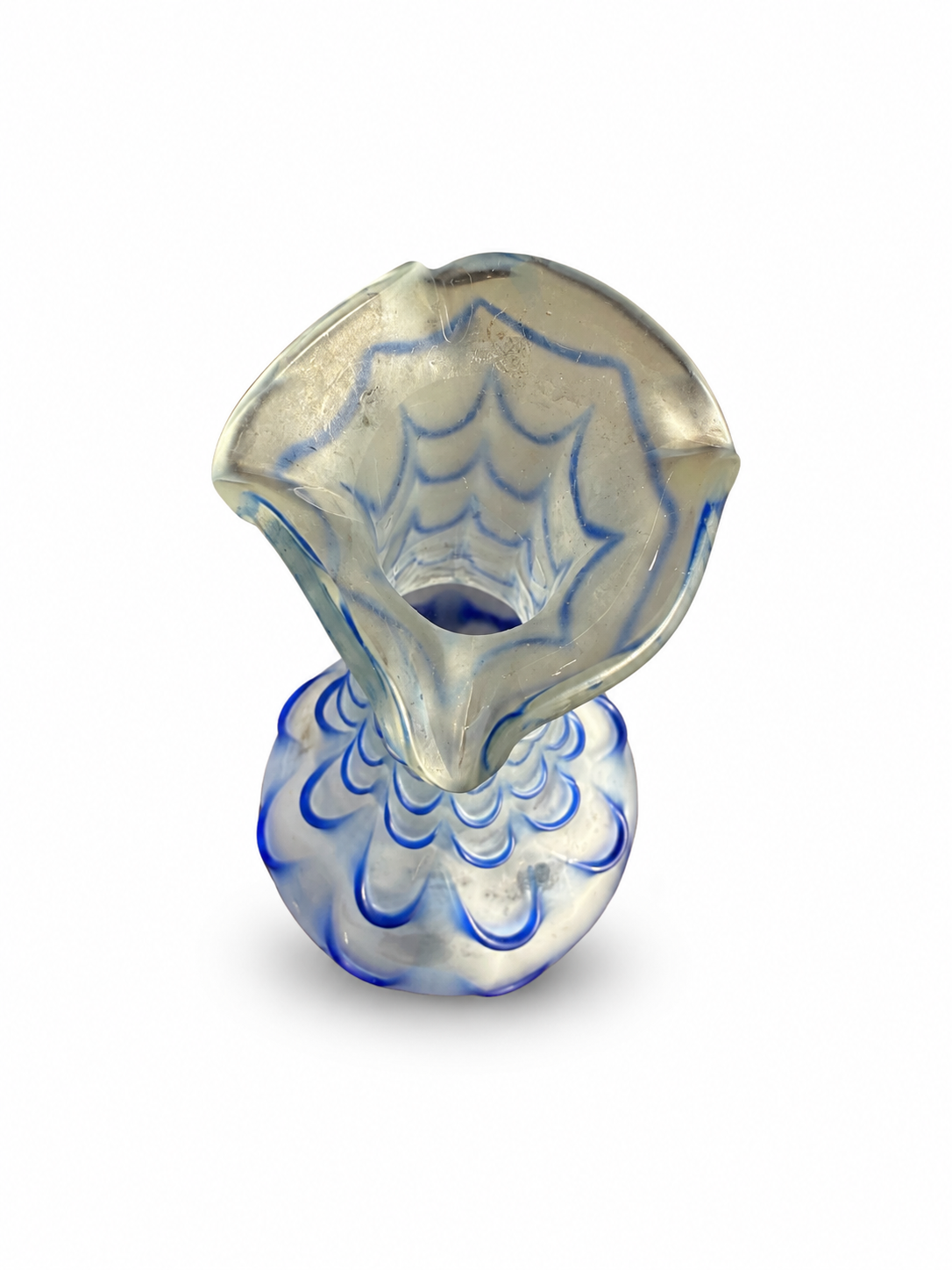 Antique French Opaline Glass Vase with Cobalt Blue Feather Trailing Decoration