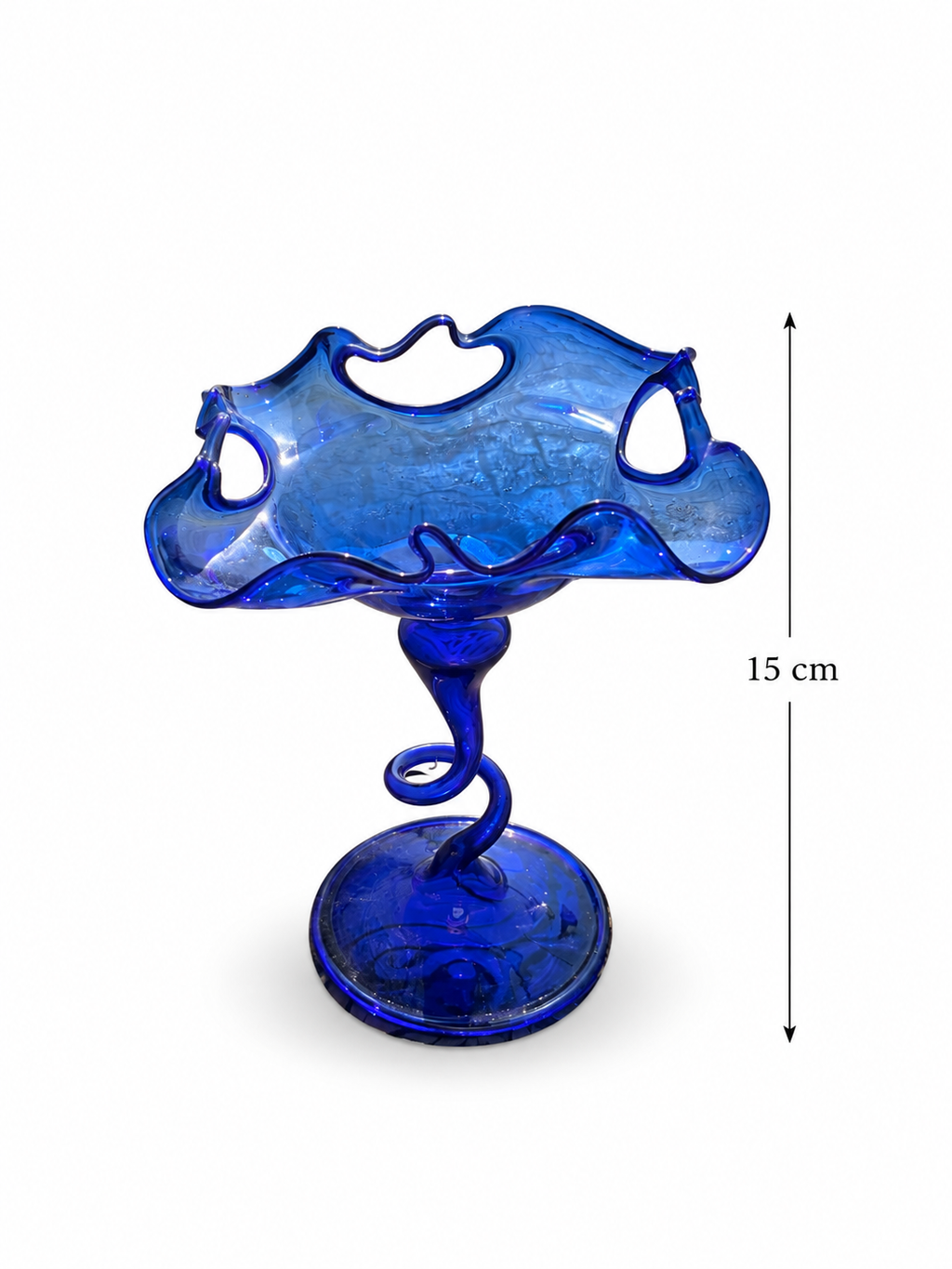 Murano Cobalt Blue Art Glass Compote with Ruffled Rim & Twisted Stem