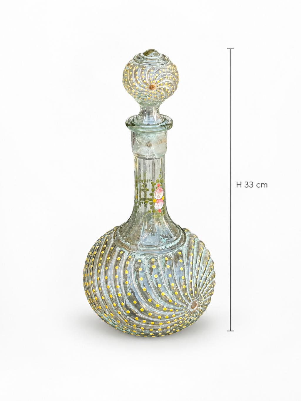 Antique Bohemian Glass Decanter with Enamel Dot & Floral Decoration