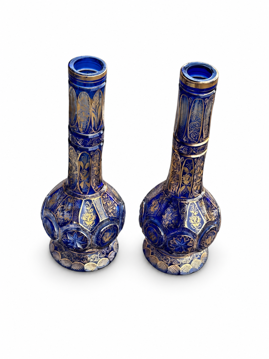 Pair of Antique Bohemian Cobalt Blue & Gilt Glass Bottle Vases