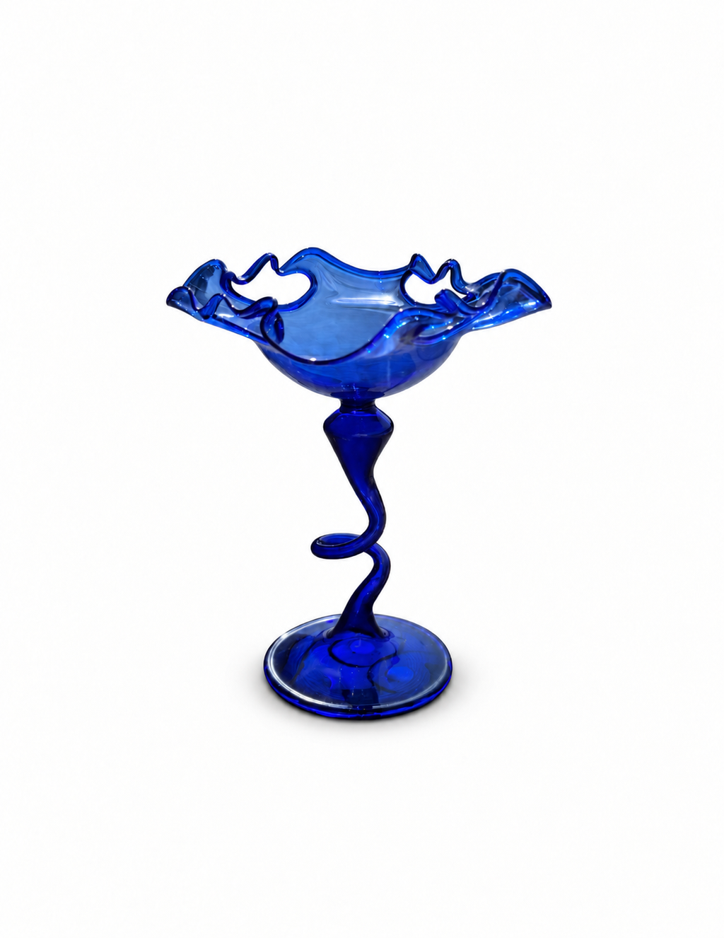 Murano Cobalt Blue Art Glass Compote with Ruffled Rim & Twisted Stem