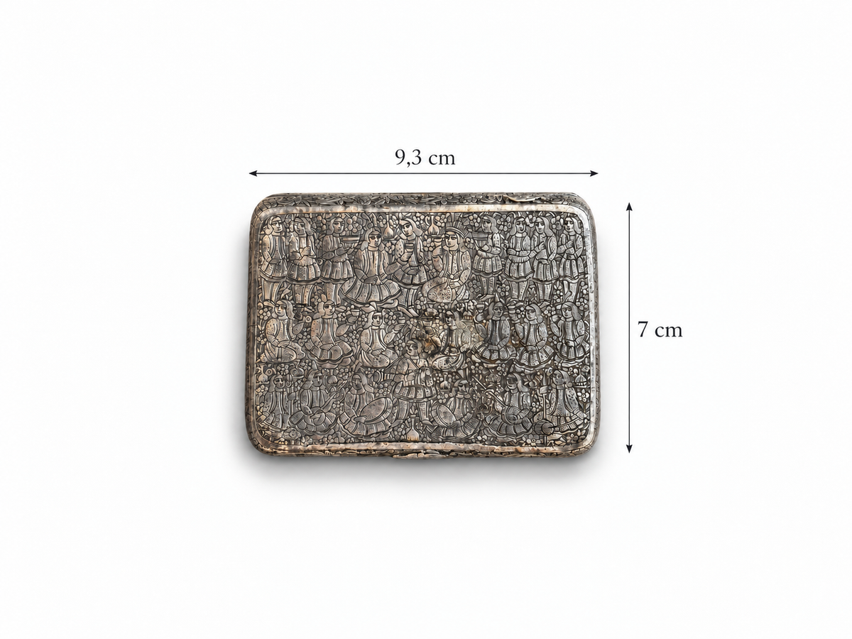 Antique Persian Silver Cigarette Case with Hand Engraved Figural & Floral Decoration, 84 Standard
