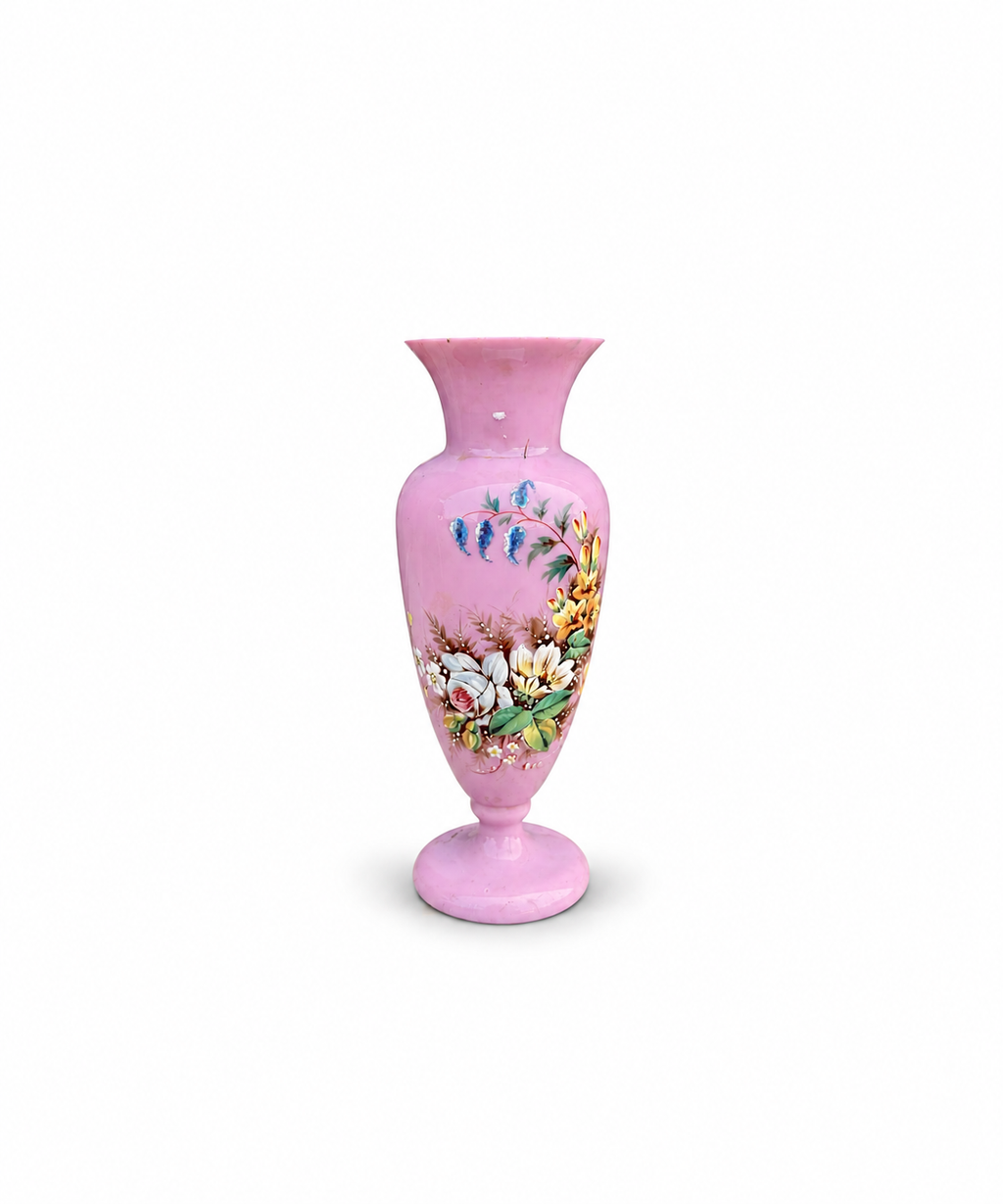 Antique Pink Opaline Glass Vase with Hand Painted Floral Decoration