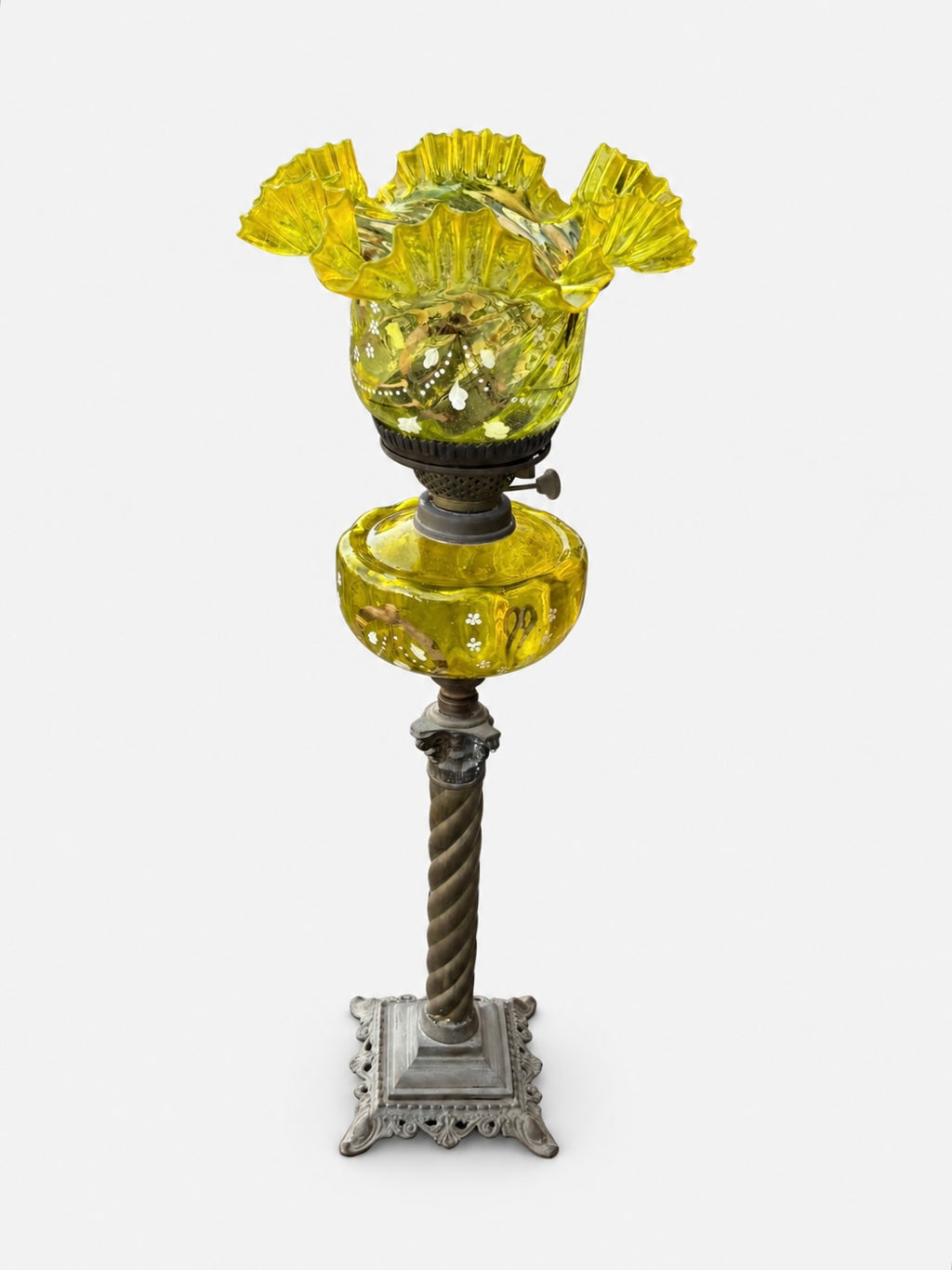 Victorian Uranium (Vaseline) Glass Oil Lamp on Corinthian Column Stand