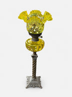 Victorian Uranium (Vaseline) Glass Oil Lamp on Corinthian Column Stand
