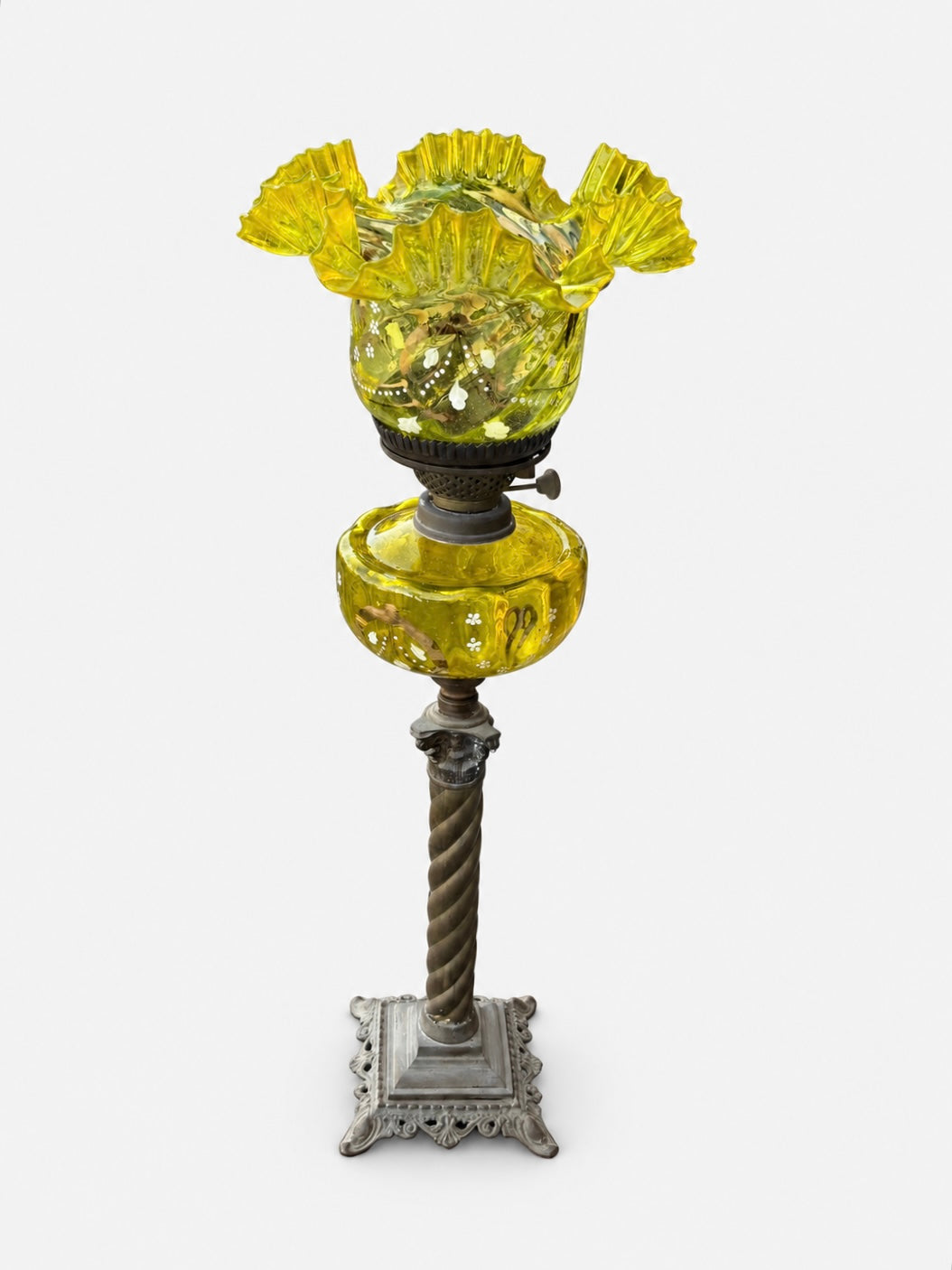 Victorian Uranium (Vaseline) Glass Oil Lamp on Corinthian Column Stand
