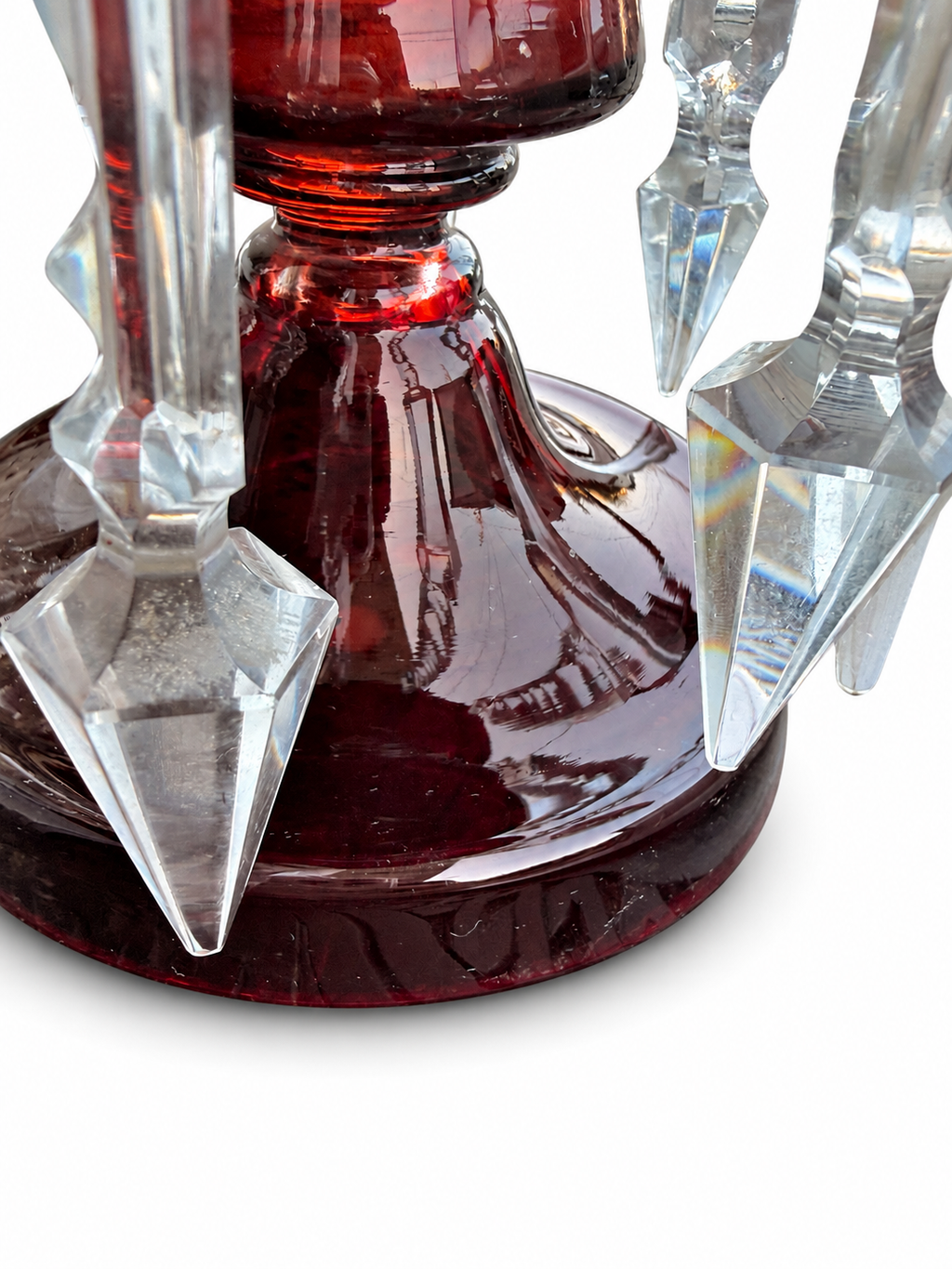 Pair of Antique Bohemian Ruby Glass Mantel Lustres with Crystal Prisms