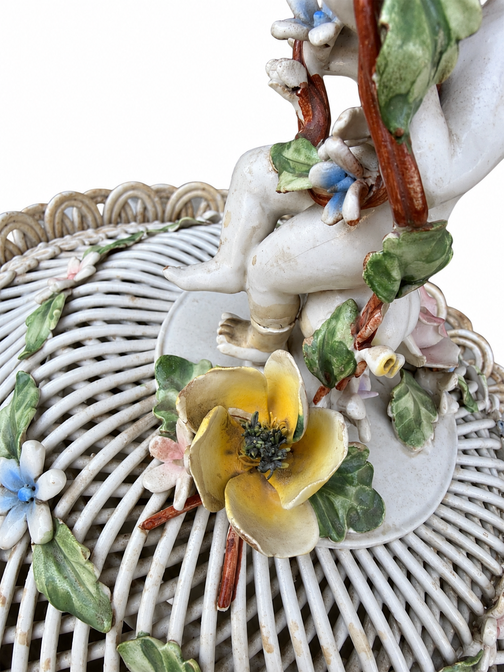 Capodimonte Porcelain Reticulated Basket with Putto Finial & Applied Flowers
