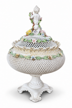Capodimonte Porcelain Reticulated Basket with Putto Finial & Applied Flowers