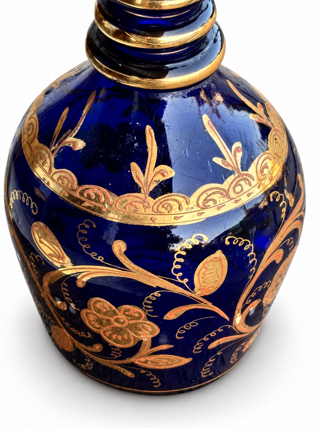 Antique Bohemian Cobalt Blue & Gilt Glass Decanter with Tall Spike Stopper